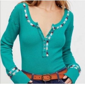 *EUC* Free People Embroidered Cuff Thermal Henley Tee Boho XS